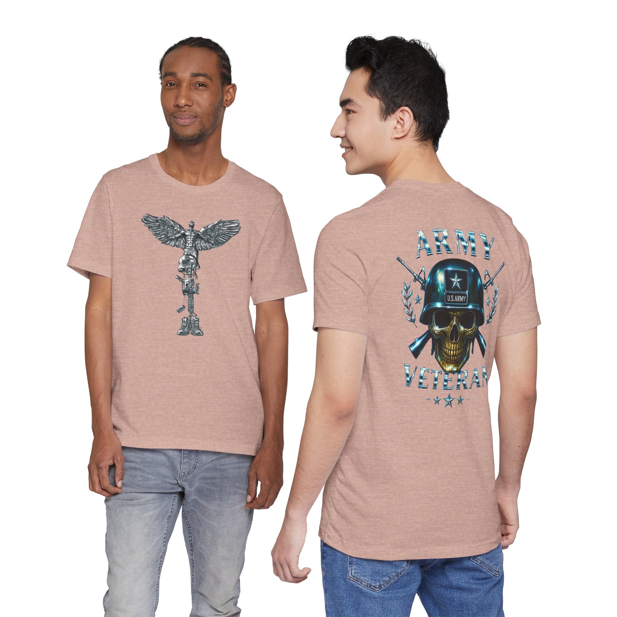 Army Veteran T-Shirt — Military Skull Helmet Back & Winged Medic Front Tee