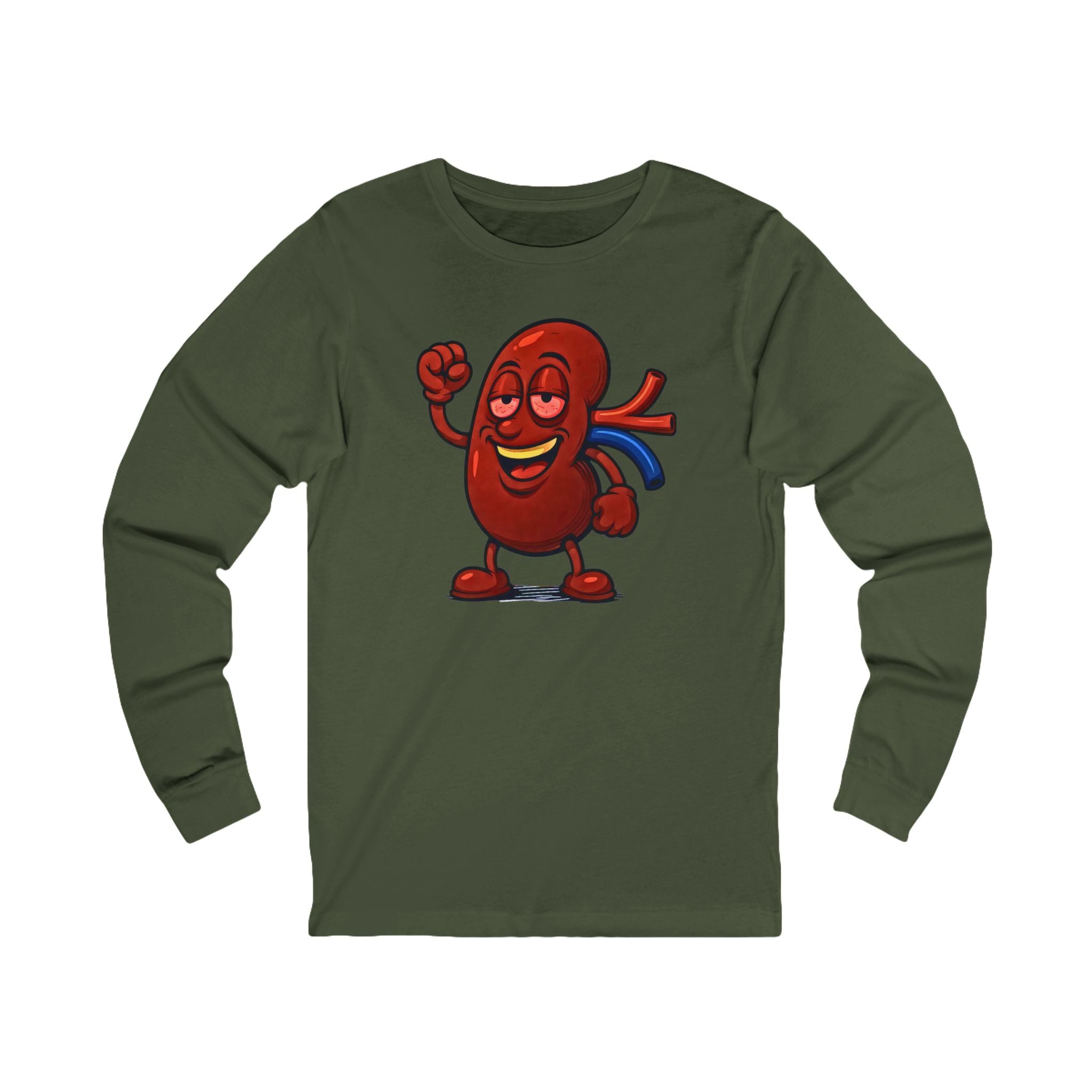 Cheerful Cartoon Kidney Stoned Long Sleeve Tee — Funny Organ Health Shirt