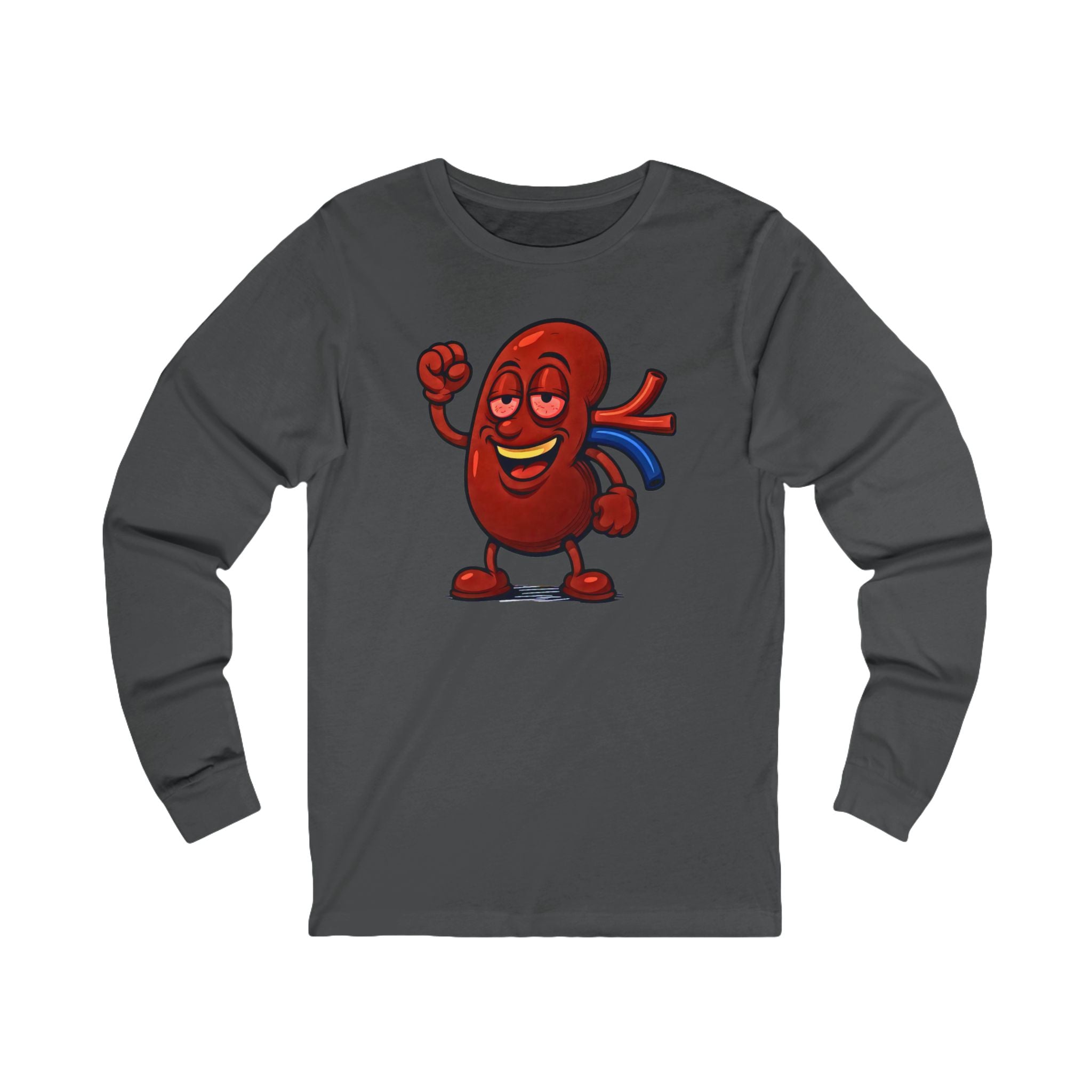 Cheerful Cartoon Kidney Stoned Long Sleeve Tee — Funny Organ Health Shirt