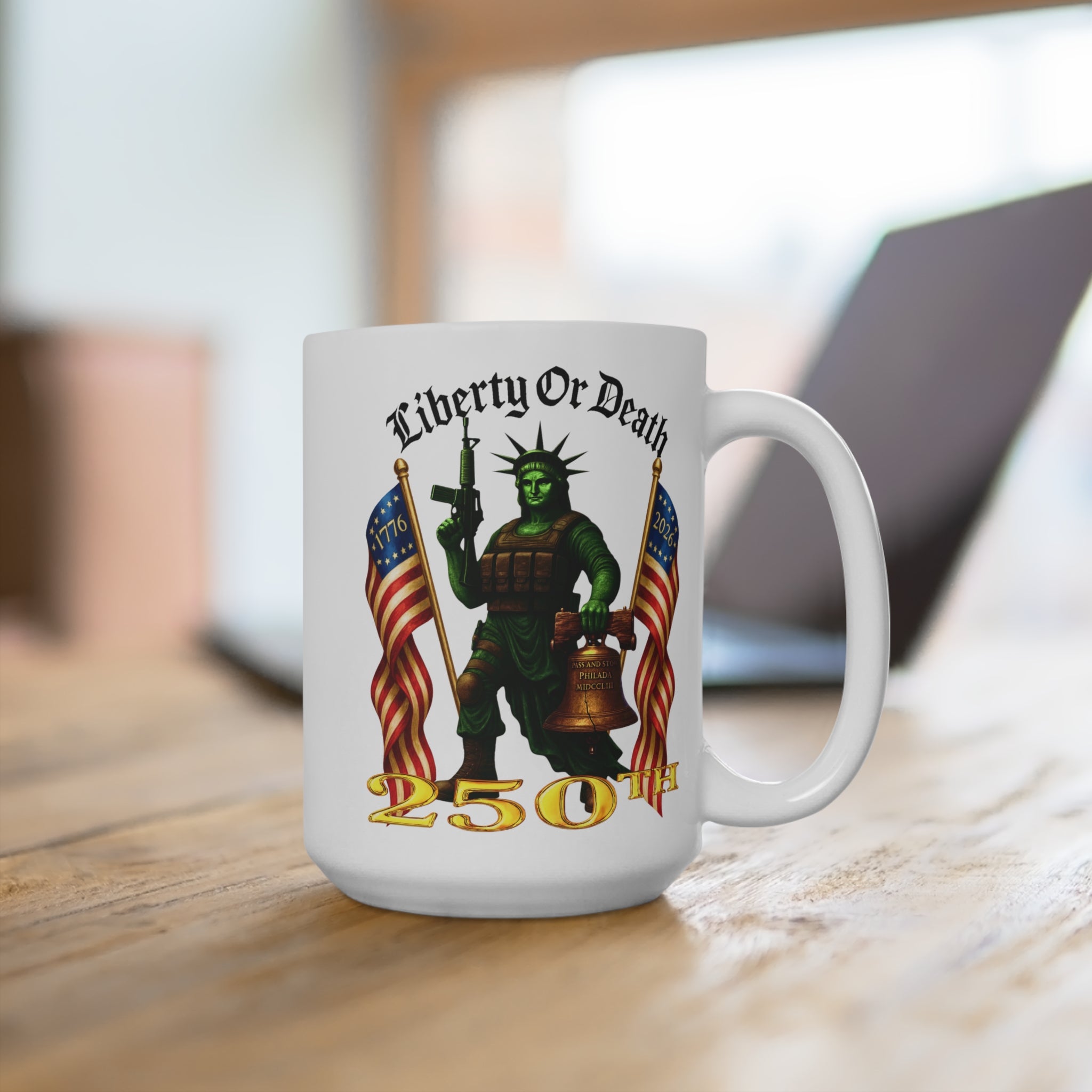 Liberty or Death 250th Anniversary Mug — Patriotic Statue of Liberty Soldier Coffee Cup