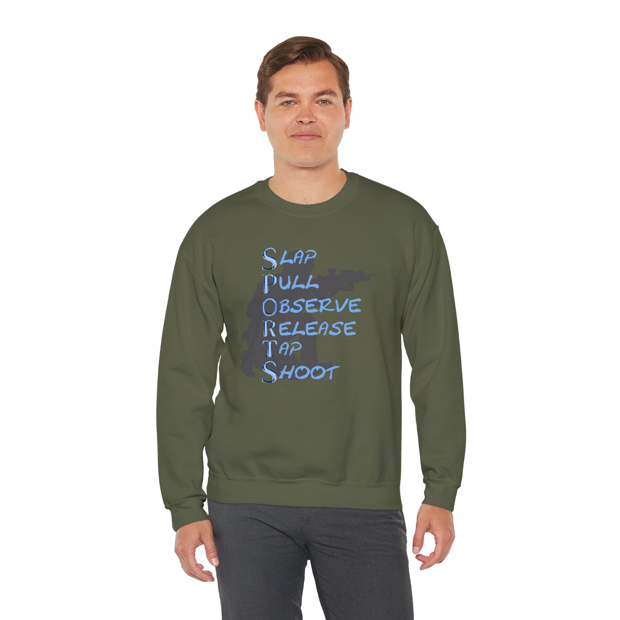SPORTS Crewneck Sweatshirt – 'Slap Pull Observe Release Take Shoot' Silhouette