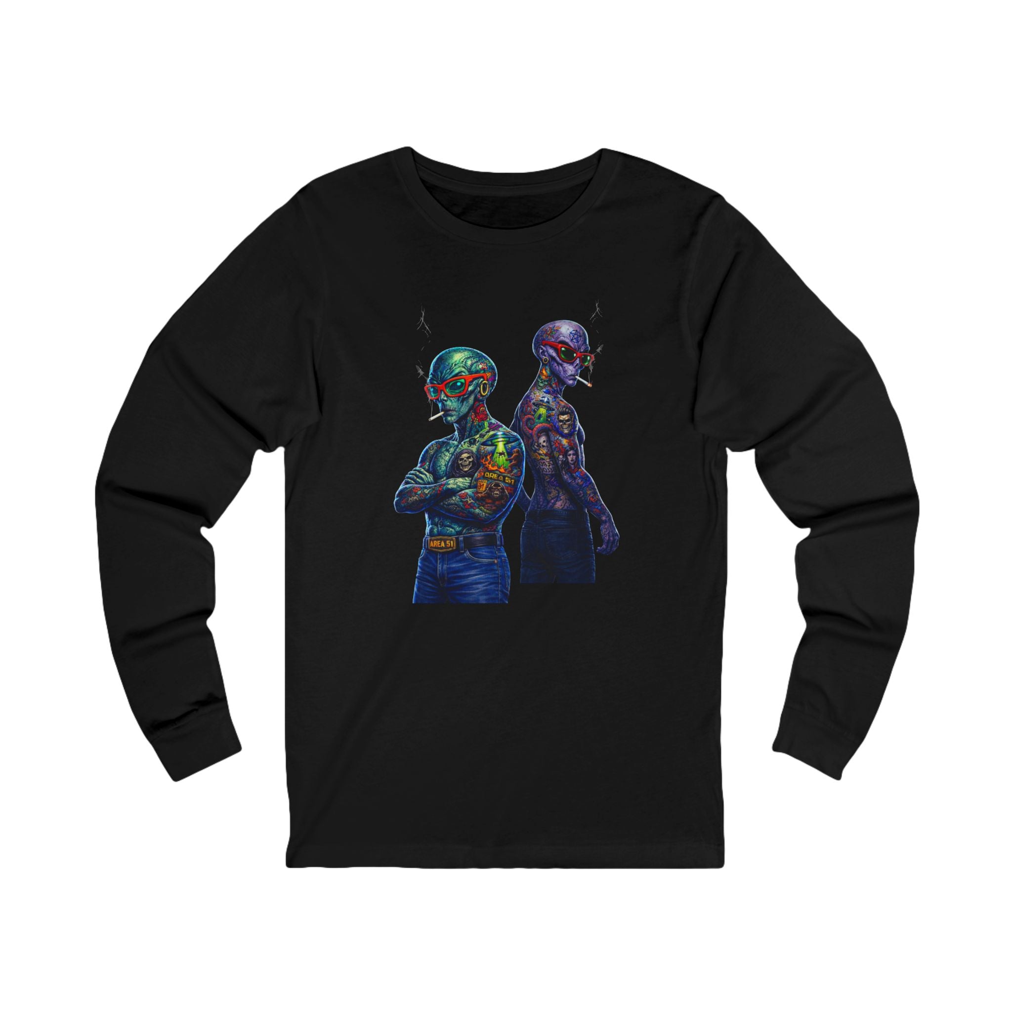 Psychedelic Alien Art Long Sleeve Tee — Colorful Cosmic Duo Graphic