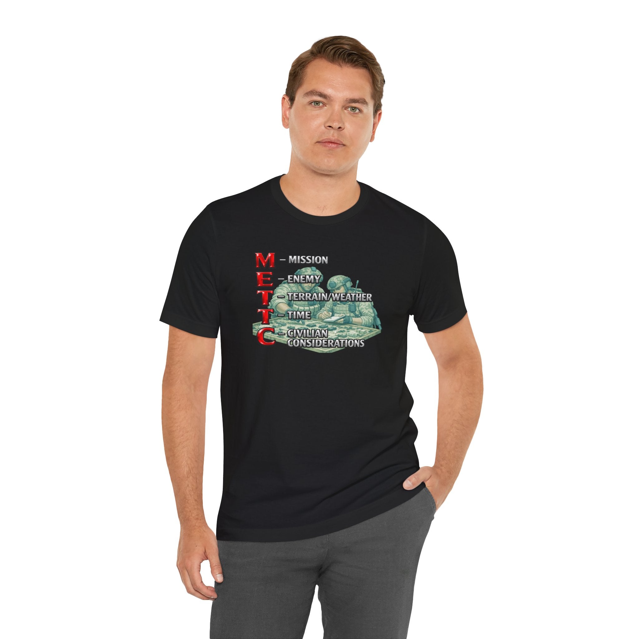 METTC Military Acronym T‑Shirt — Mission, Enemy, Terrain, Time, Civilian Considerations Tee