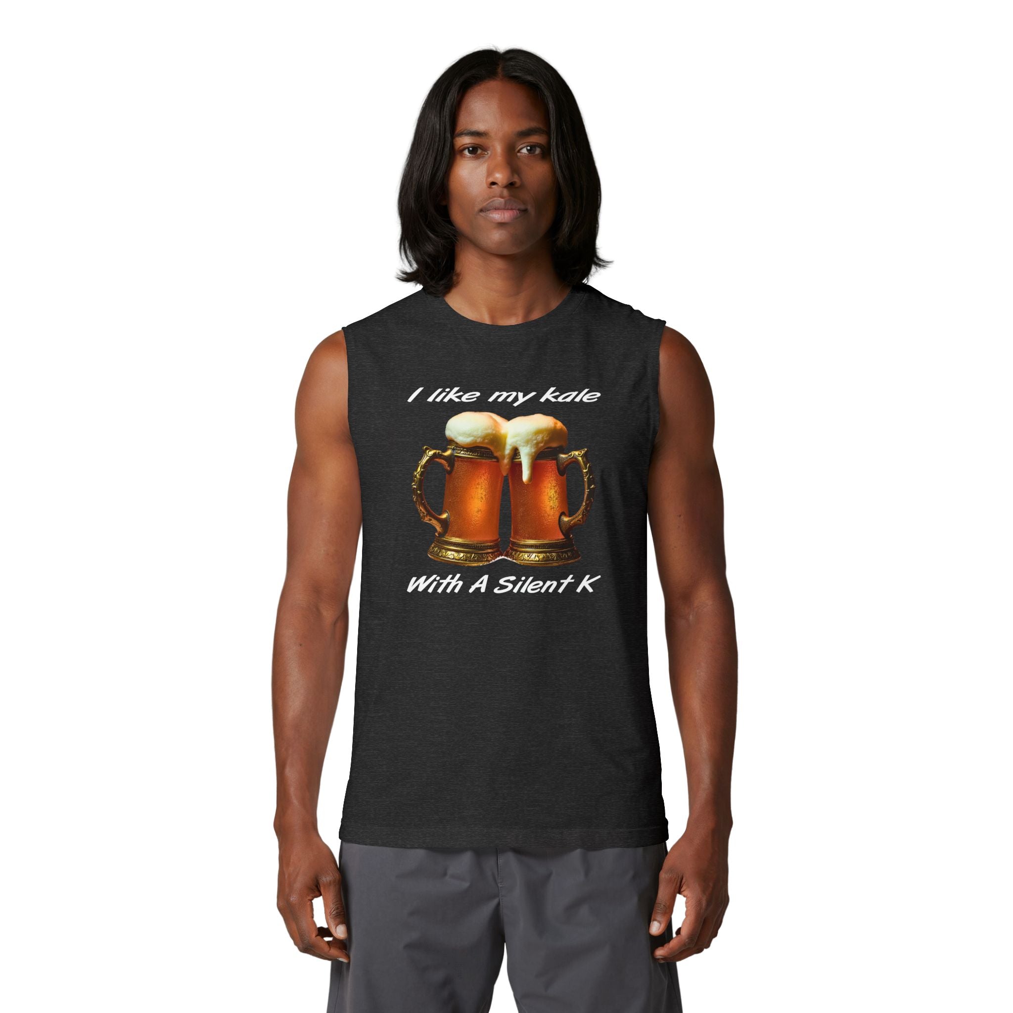 Beer-Lover Muscle Tank — "I Like My Kale With A Silent K" Funny Pub Drinking Tank Top