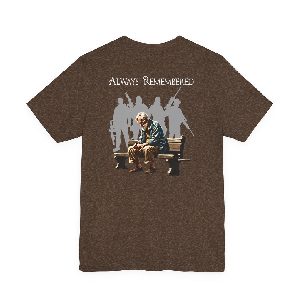Veteran Tribute Tee — Fallen Soldier Cross with Winged Helmet & 'Forgotten Hero' Bench Back Design