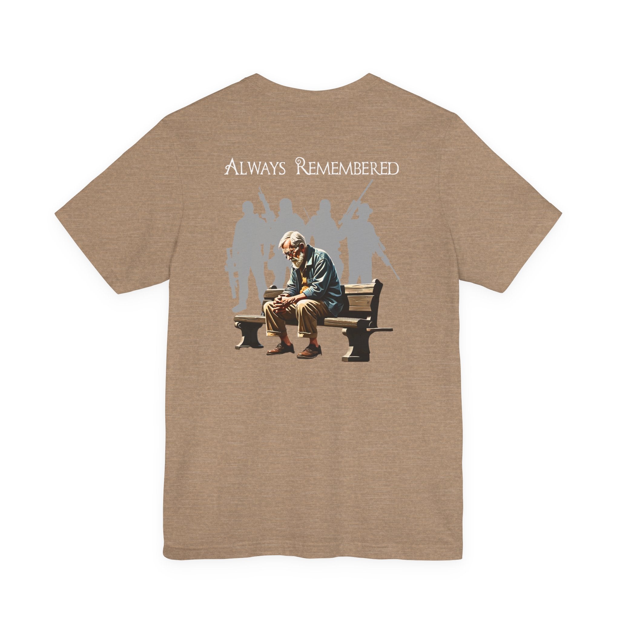 Veteran Tribute Tee — Fallen Soldier Cross with Winged Helmet & 'Forgotten Hero' Bench Back Design