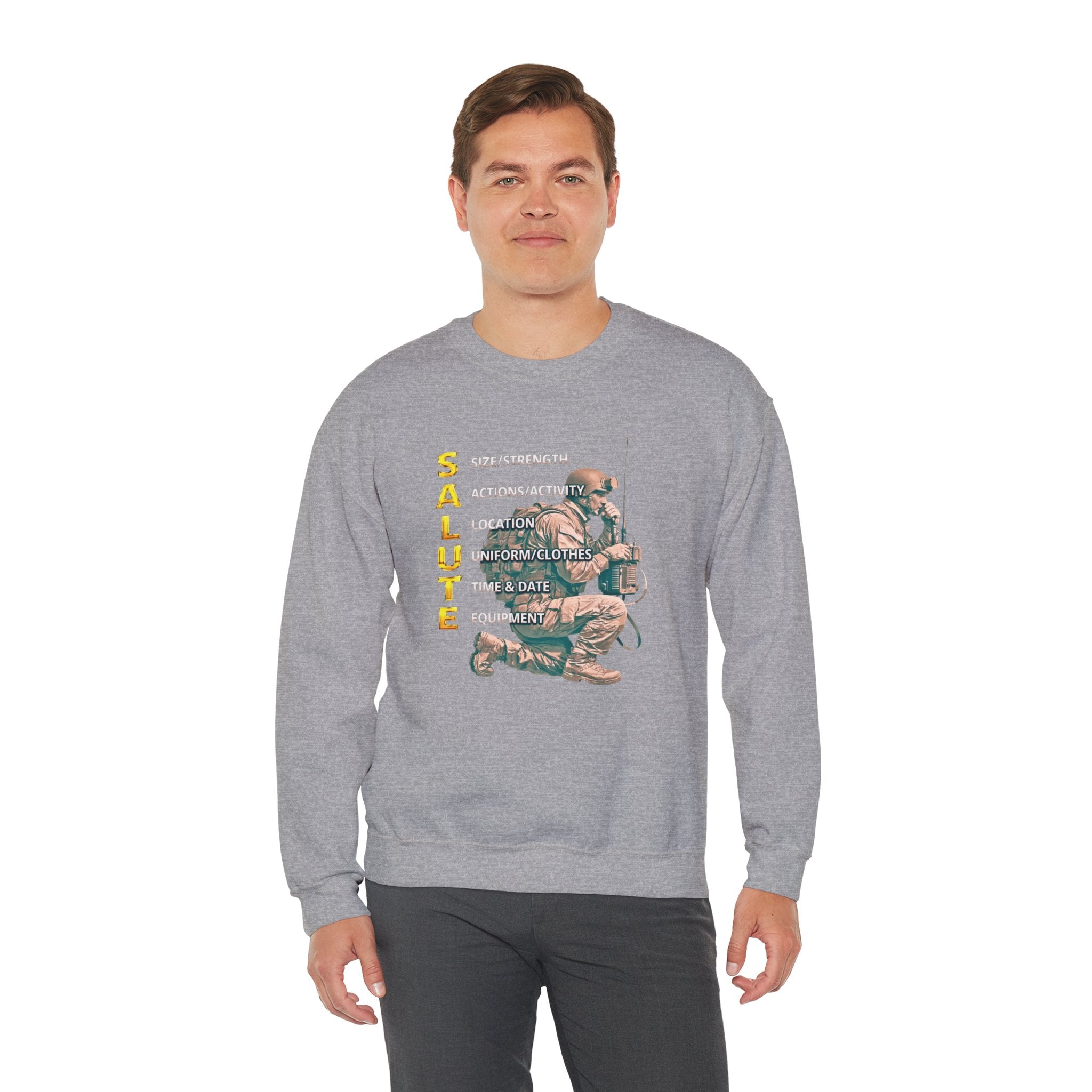 Salute Military Crewneck Sweatshirt — Tactical Kneeling Soldier Design