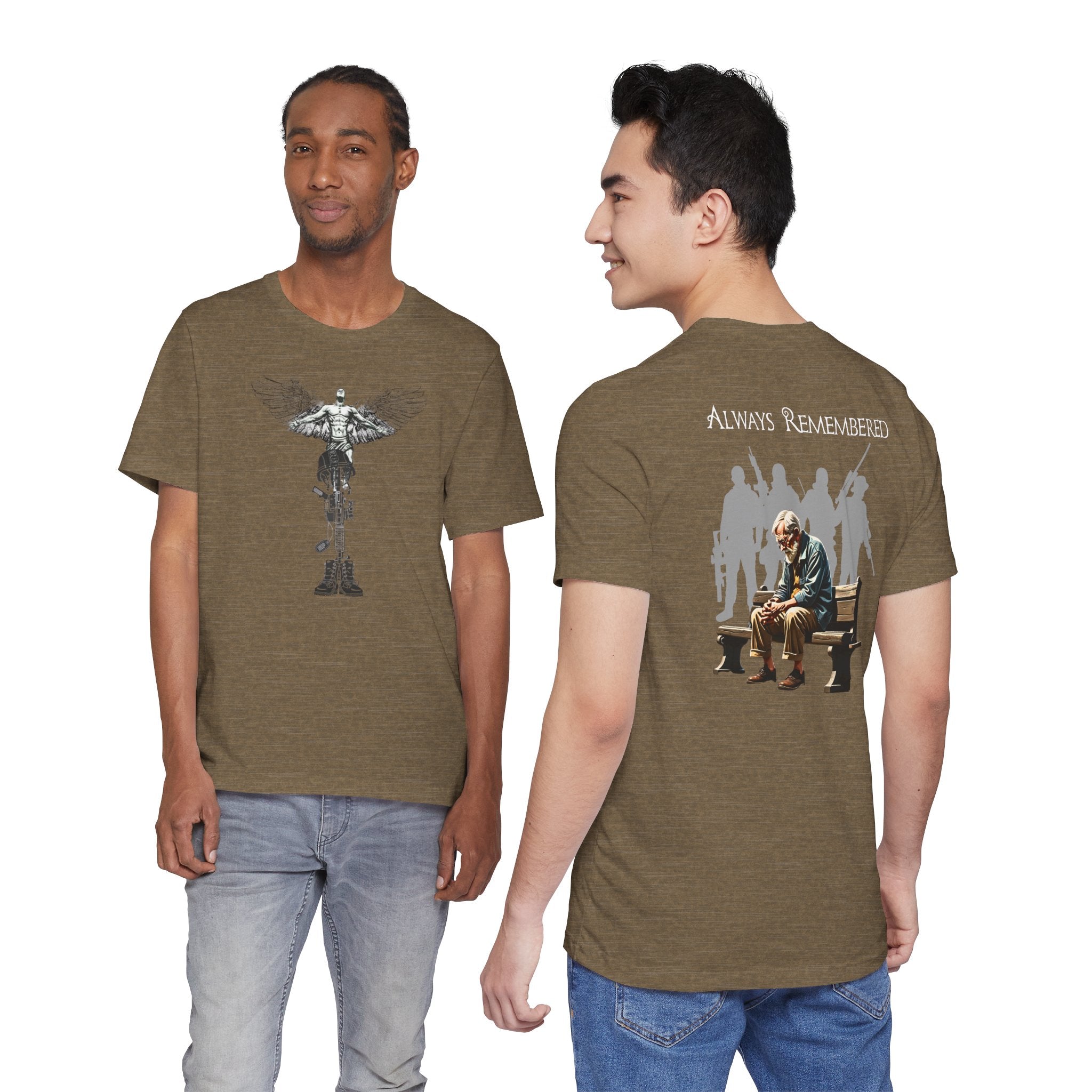 Veteran Tribute Tee — Fallen Soldier Cross with Winged Helmet & 'Forgotten Hero' Bench Back Design