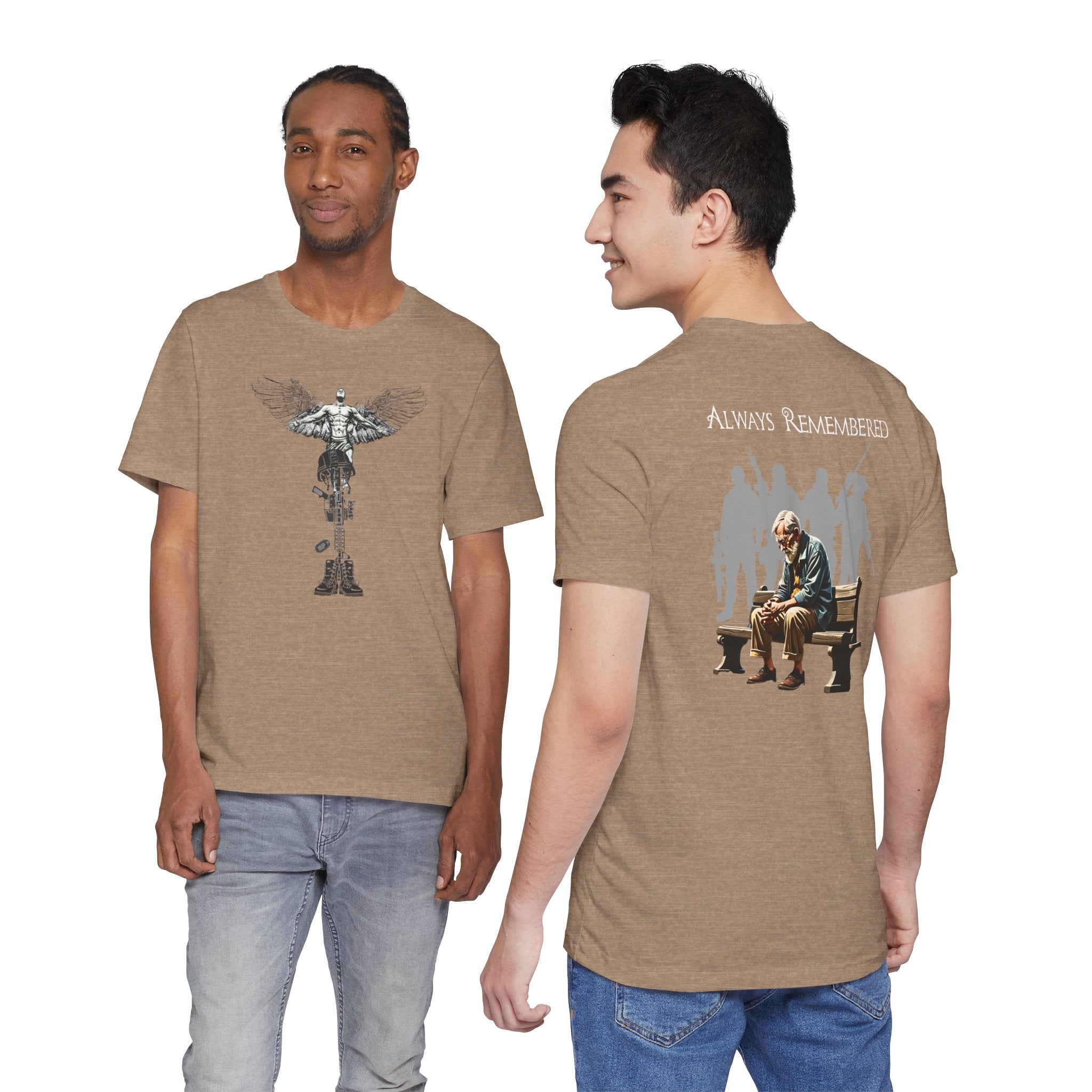 Veteran Tribute Tee — Fallen Soldier Cross with Winged Helmet & 'Forgotten Hero' Bench Back Design