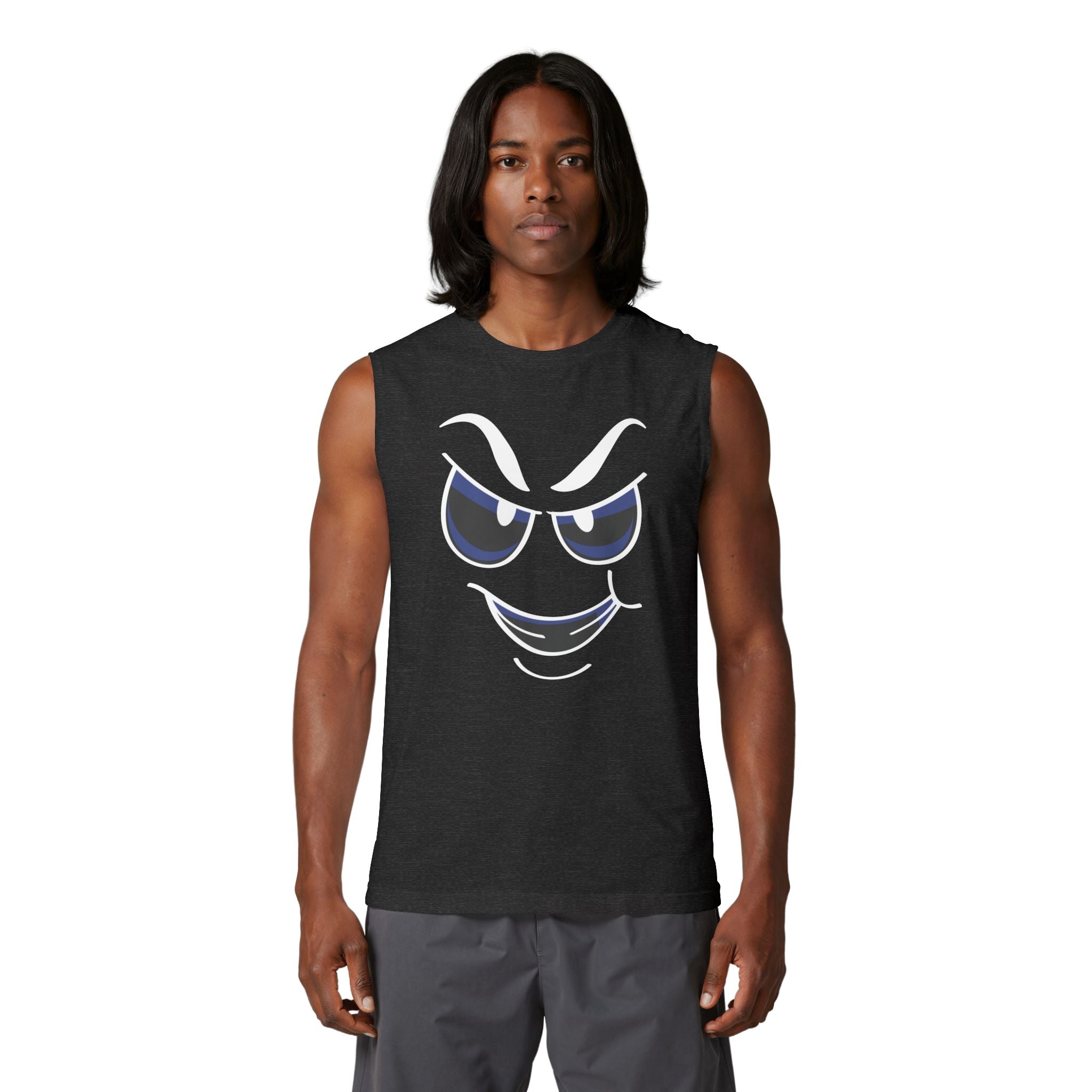 Cheeky Grin Muscle Tank — Smirking Face Graphic Sleeveless Shirt