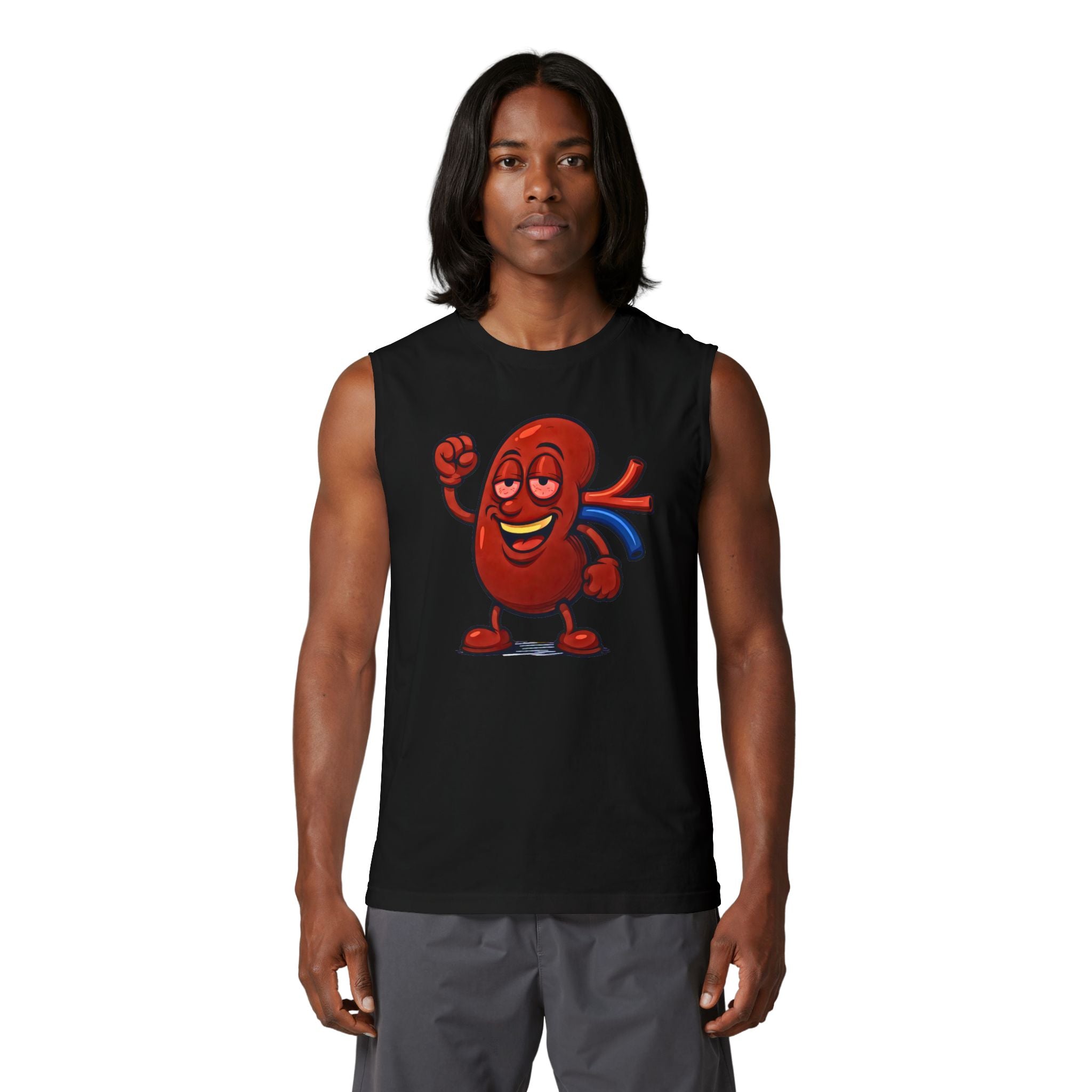 Kidney Stoned Cartoon Muscle Tank — Cute Happy Kidney Illustration Fitness Tee