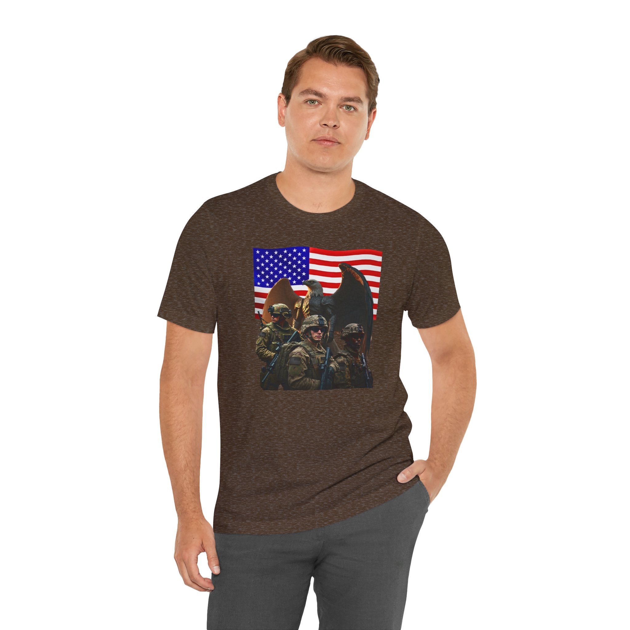 Eagle On Watch T-Shirt — Soldiers with American Flag Graphic