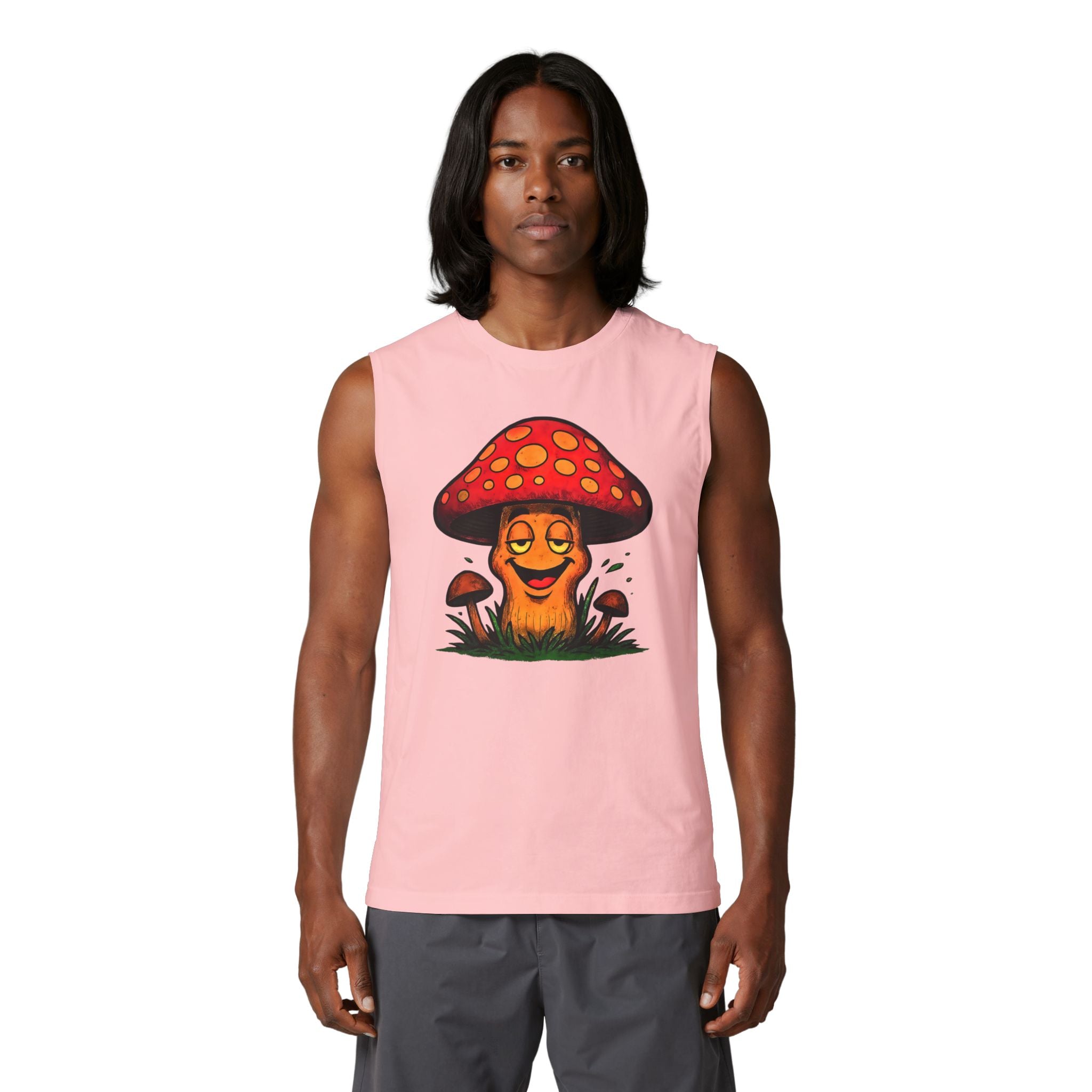 Chill Cartoon Mushroom Muscle Tank — Retro Smiling Fungus Graphic Tee