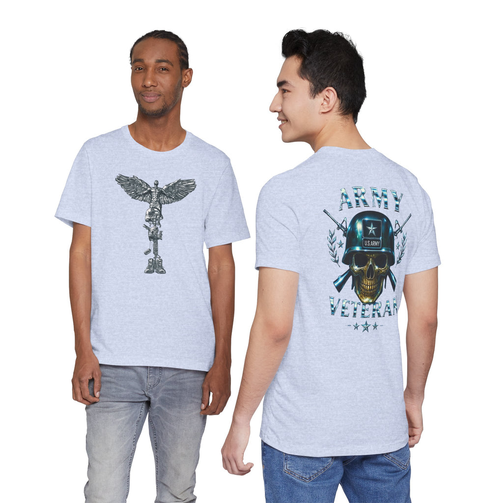 Army Veteran T-Shirt — Military Skull Helmet Back & Winged Medic Front Tee
