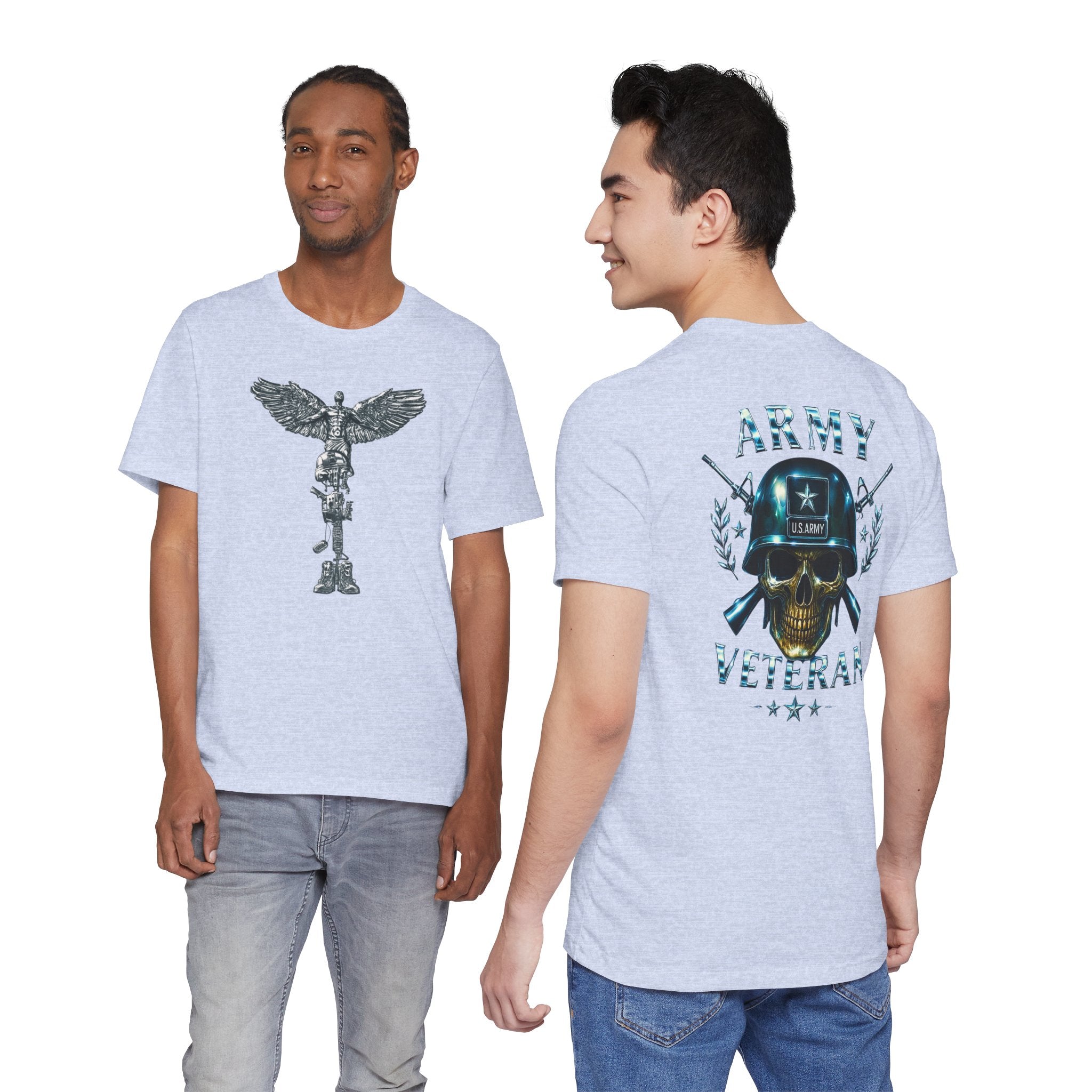 Army Veteran T-Shirt — Military Skull Helmet Back & Winged Medic Front Tee