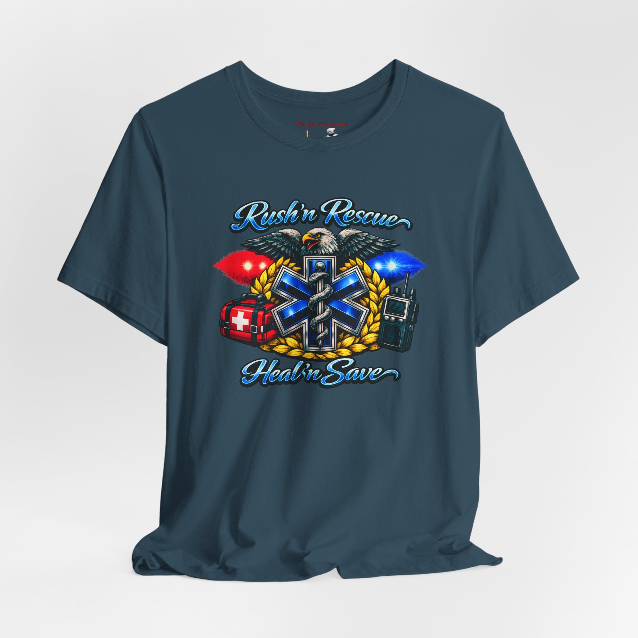 EMS Rescue Tee — "Rush n' Rescue, Heal n' Save" Emergency Medical Shirt