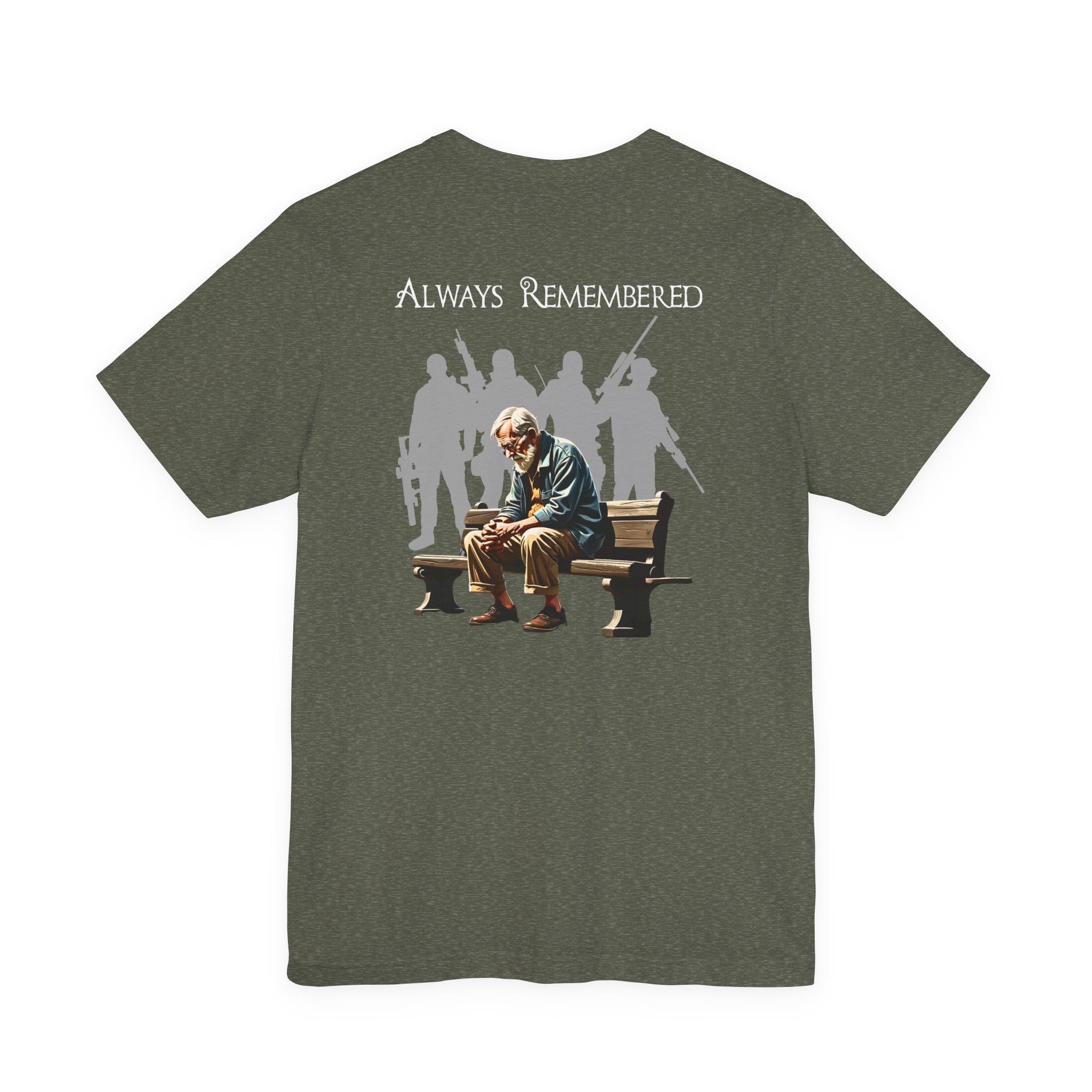 Veteran Tribute Tee — Fallen Soldier Cross with Winged Helmet & 'Forgotten Hero' Bench Back Design