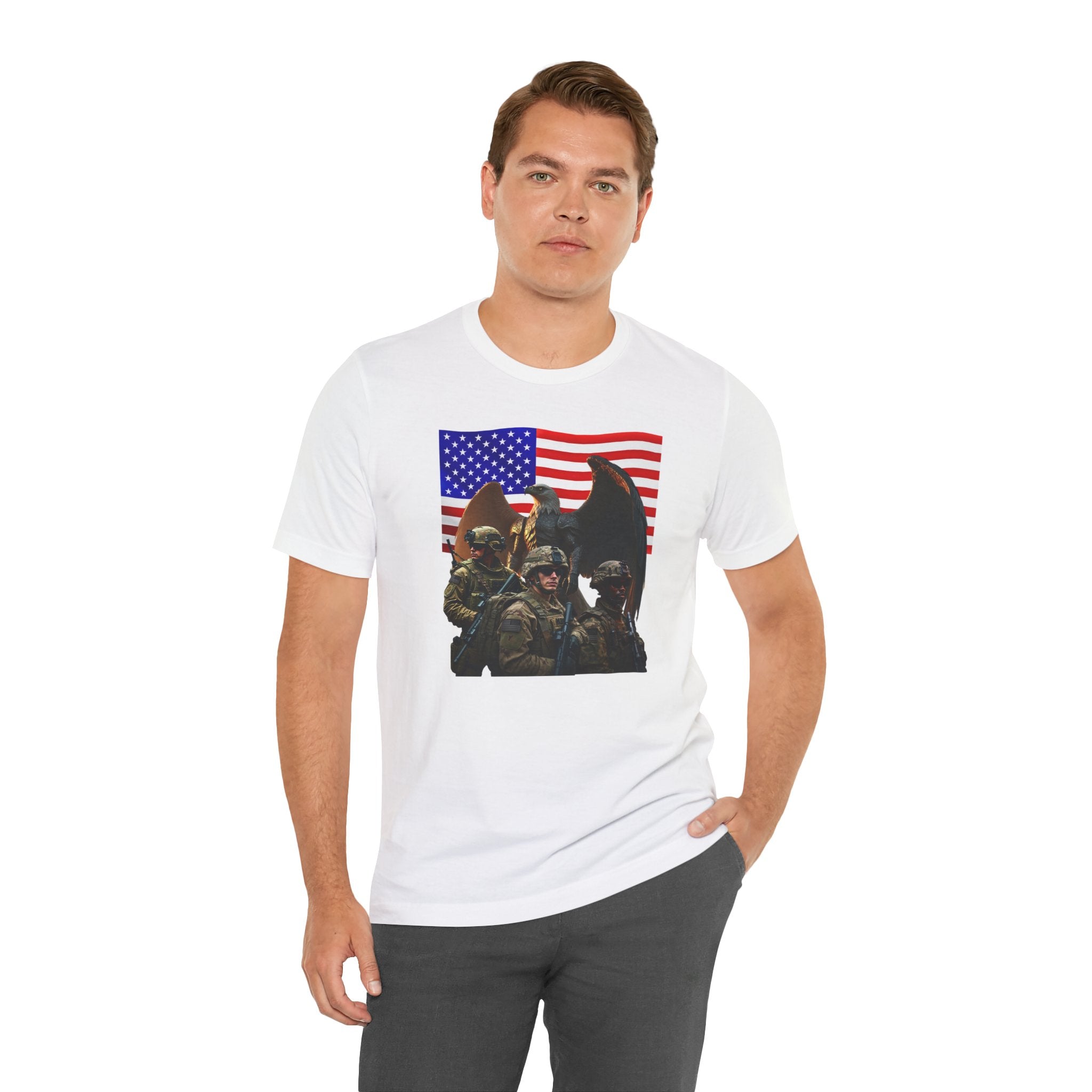 Eagle On Watch T-Shirt — Soldiers with American Flag Graphic