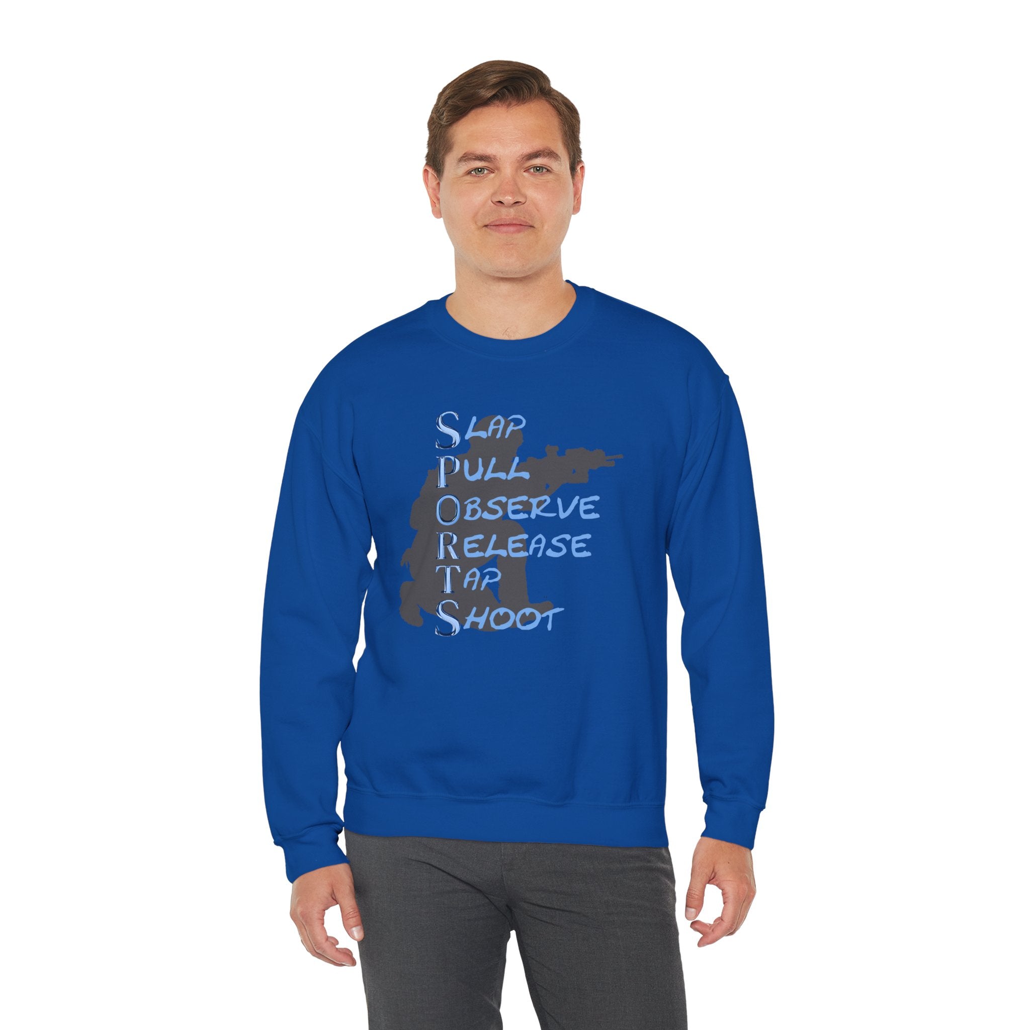 SPORTS Crewneck Sweatshirt – 'Slap Pull Observe Release Take Shoot' Silhouette
