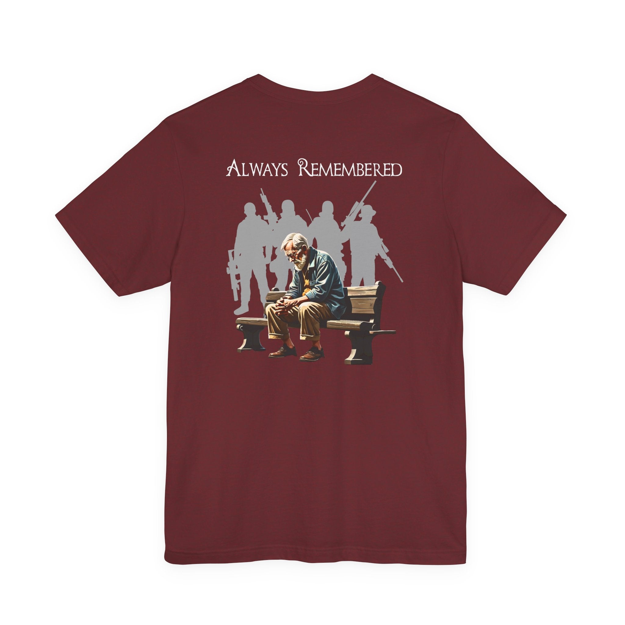 Veteran Tribute Tee — Fallen Soldier Cross with Winged Helmet & 'Forgotten Hero' Bench Back Design