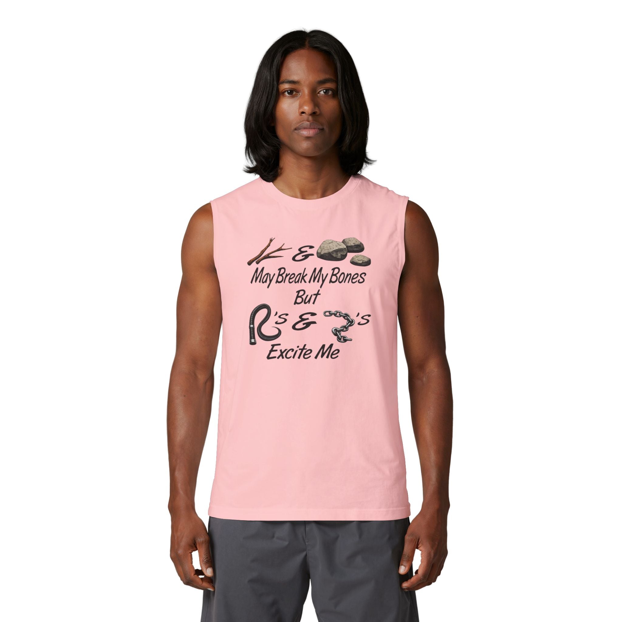 “Sticks & Stones May Break My Bones but Whips & Chains Excite Me” Muscle Tank — Edgy Mechanic & Biker Workout Tee