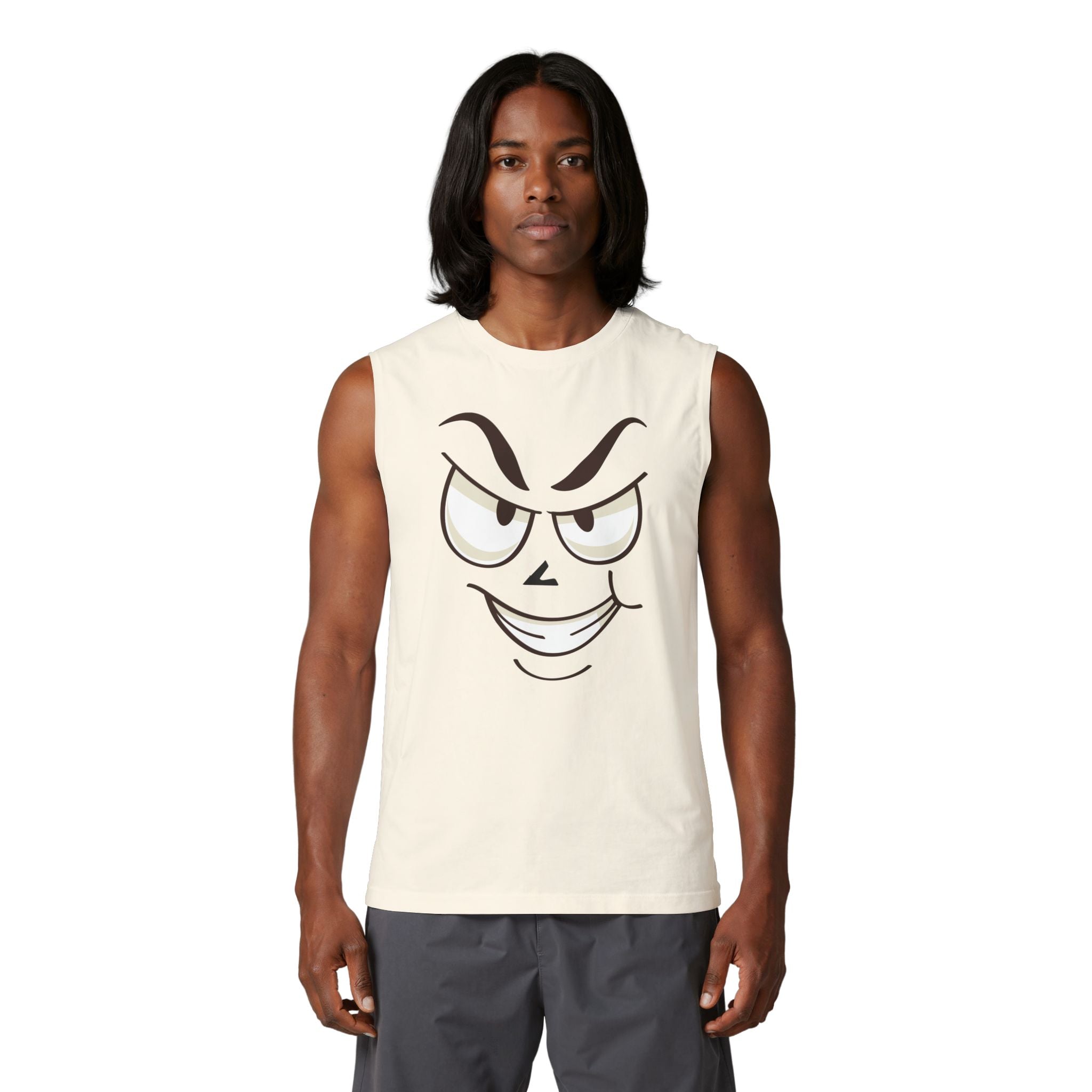 Smirking Face Muscle Tank — Playful Emoji Graphic Tank Top