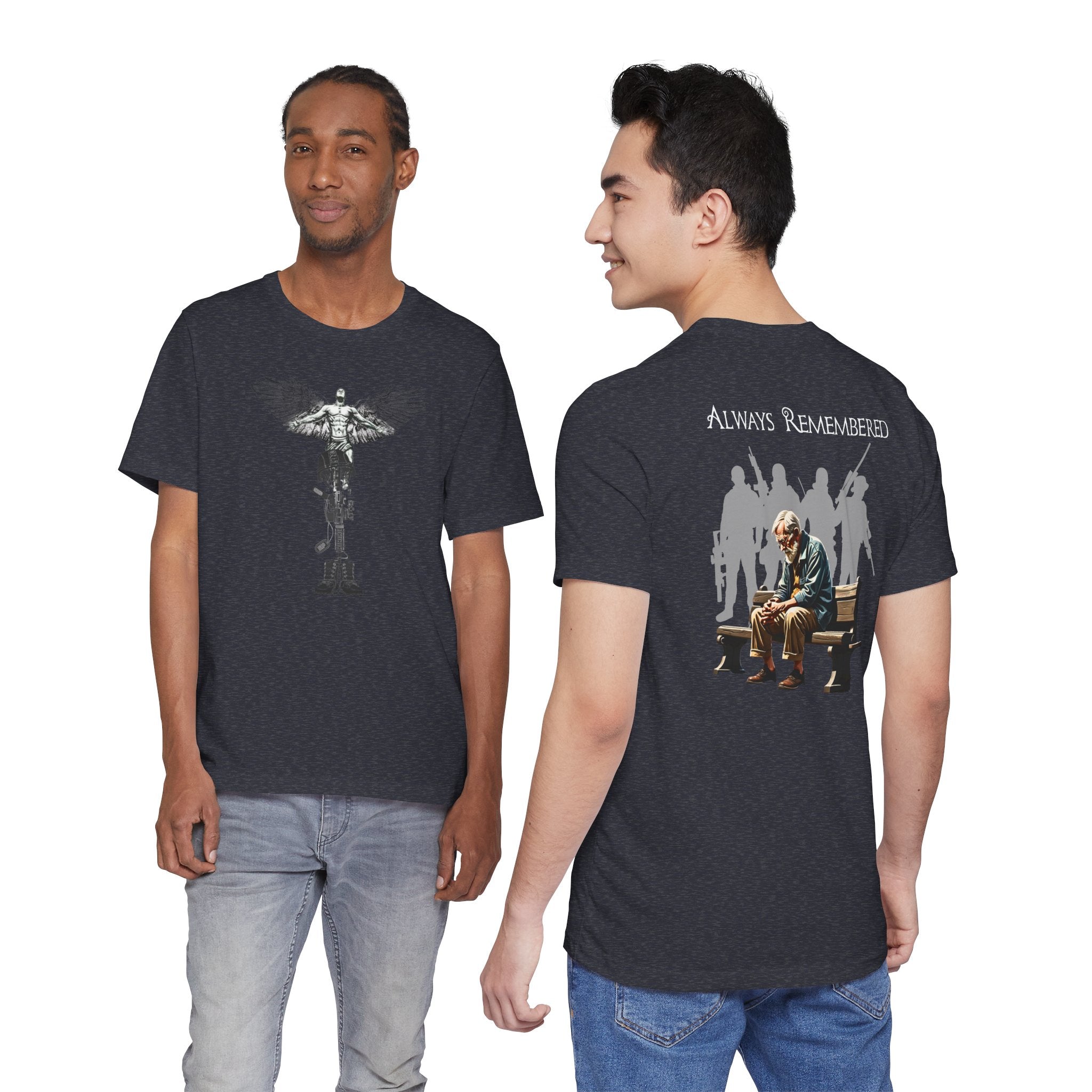 Veteran Tribute Tee — Fallen Soldier Cross with Winged Helmet & 'Forgotten Hero' Bench Back Design