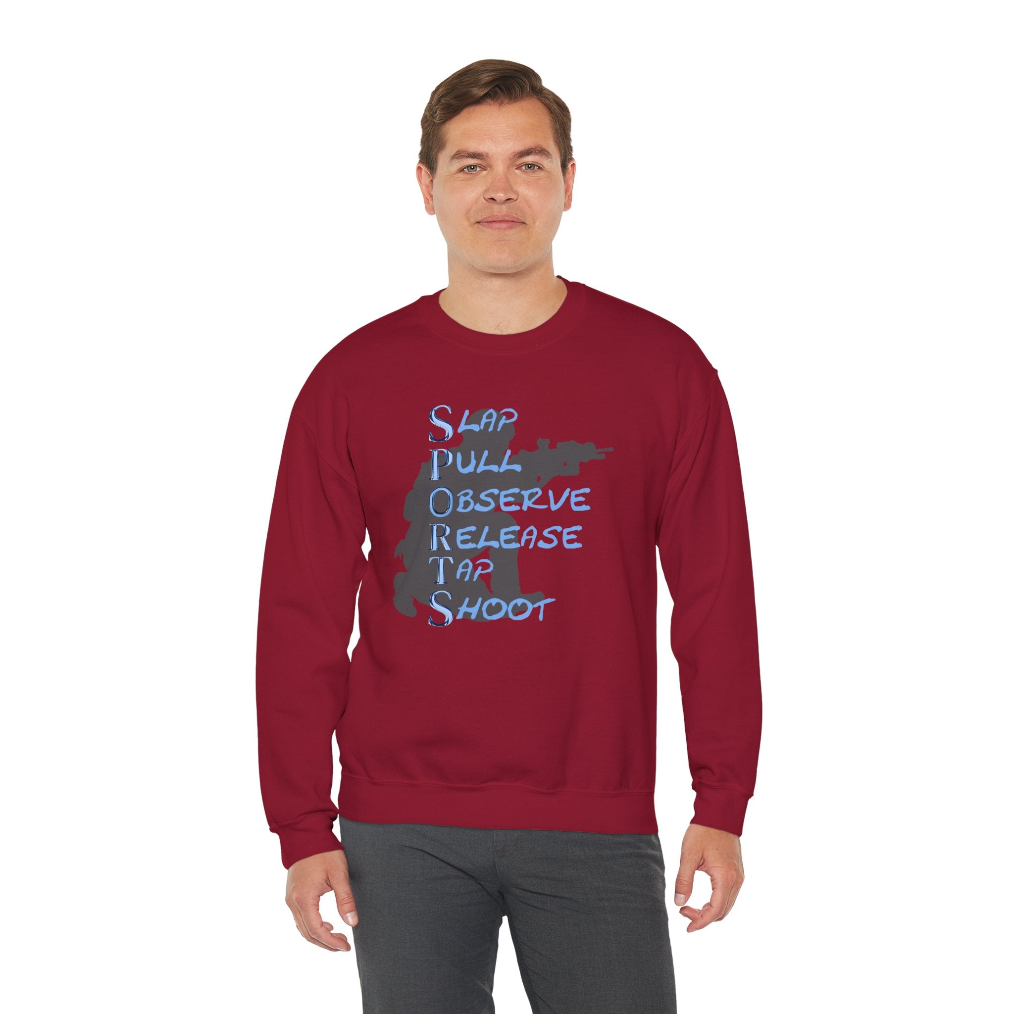 SPORTS Crewneck Sweatshirt – 'Slap Pull Observe Release Take Shoot' Silhouette
