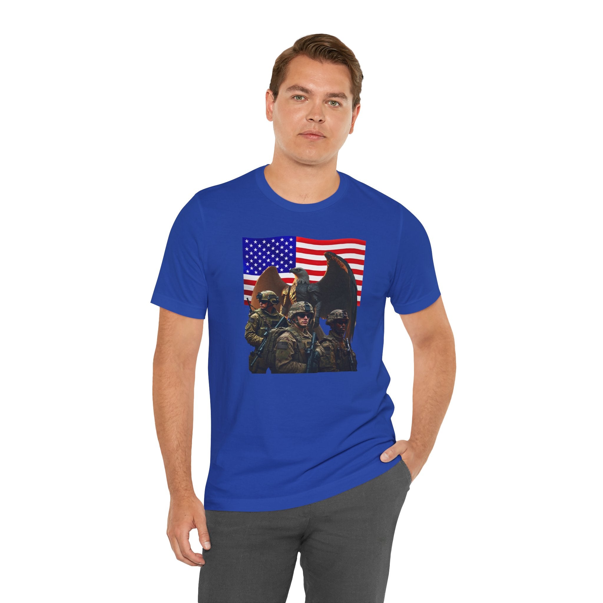 Eagle On Watch T-Shirt — Soldiers with American Flag Graphic